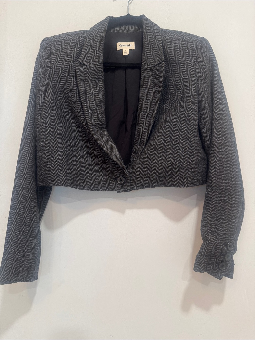 Open Edit size Small Cropped Herringbone Blazer - Dark Gray